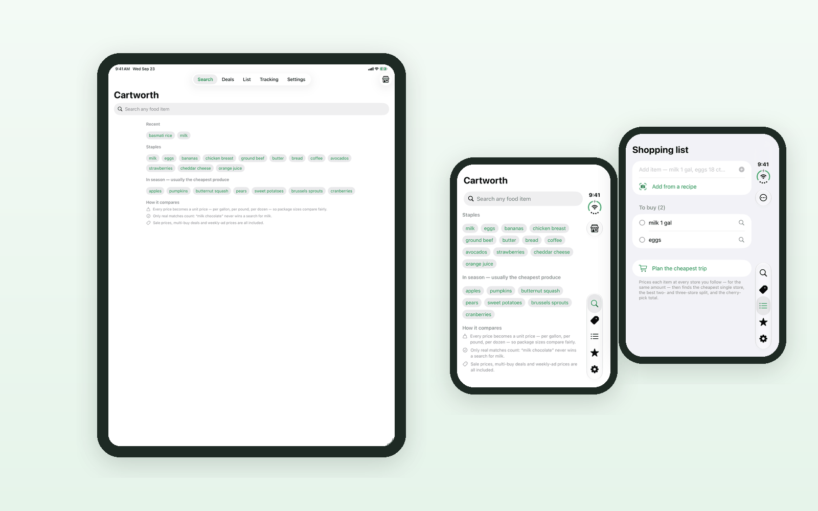 Real screenshots of Cartworth: the search screen on an iPad, and the search screen and shopping list on an iPhone Duo's cover display.