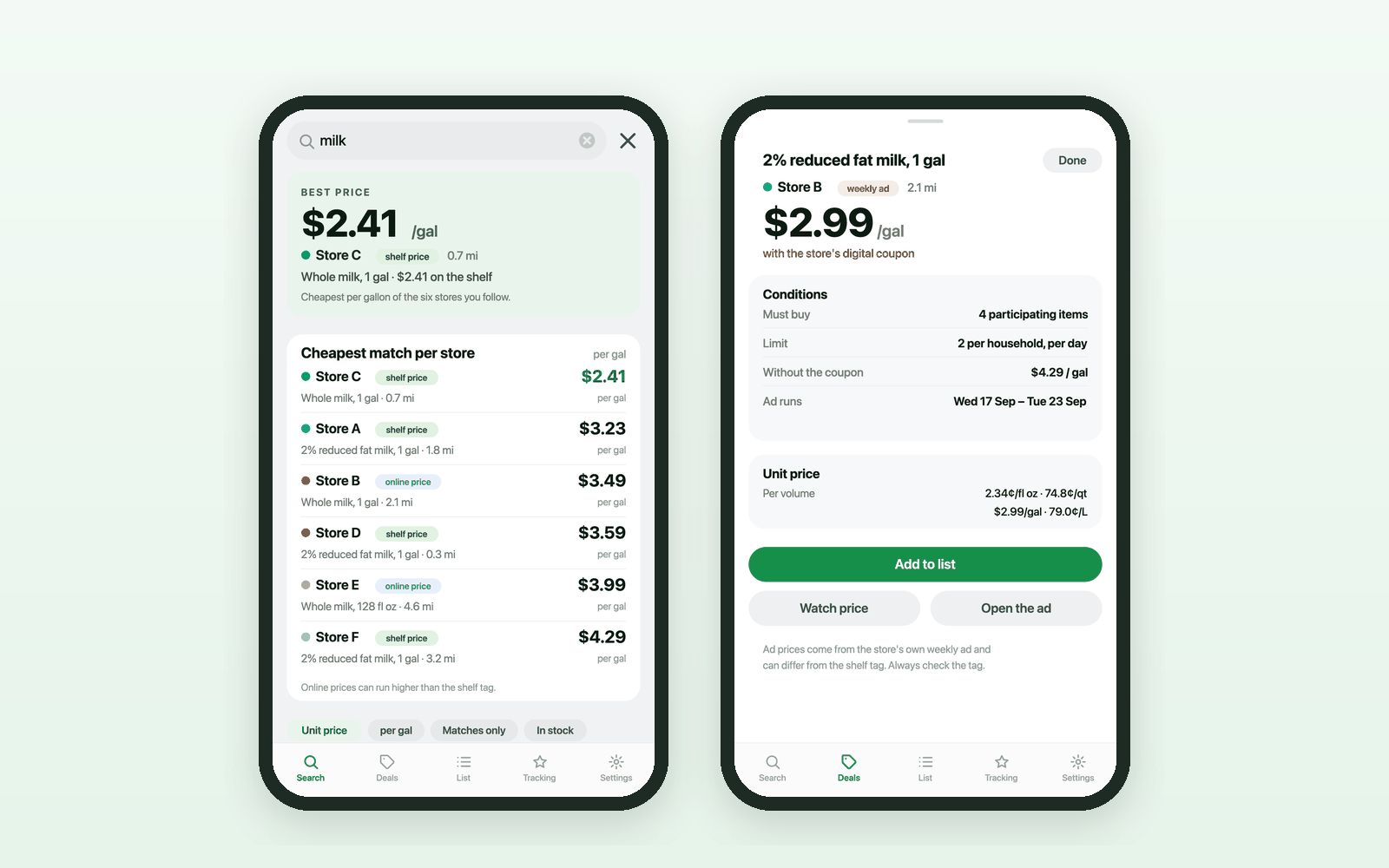Two iPhones side by side running Cartworth: a search result list on the left and a weekly ad deal with its conditions on the right.
