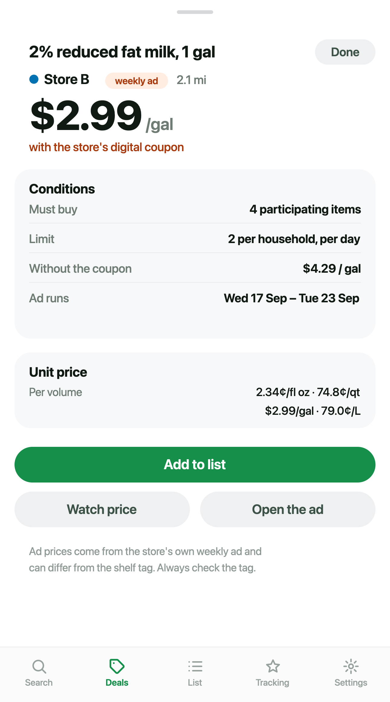 A weekly ad deal open in Cartworth with its conditions spelled out: the purchase minimum, the limit and the price without the digital coupon.